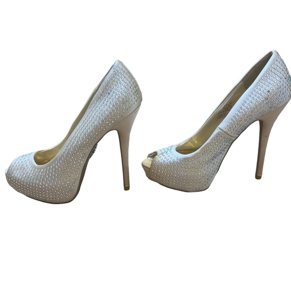 JLO Jennifer Lopez Blingy Blush 6 M Rhinestone Heels~ Dress Shoes Peep Toe - Picture 4 of 13